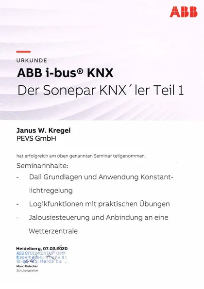 Urkunde „ABB i-bus® KNX – Der Sonepar KNX’ler Teil 1“ für Janus W. Kregel, 2020