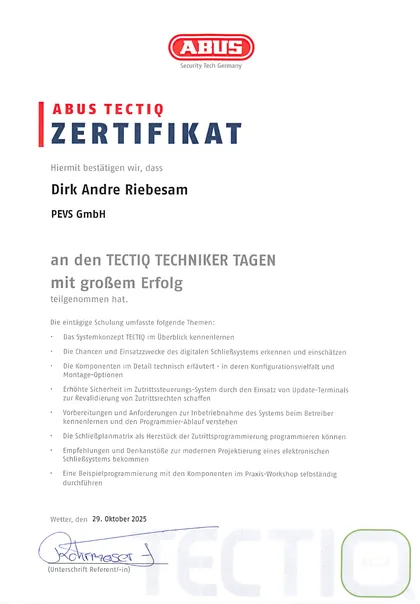 ABUS-TECTIQ-Zertifikat über die Teilnahme an den TECTIQ Techniker Tagen für Dirk Andre Riebesam, 2025
