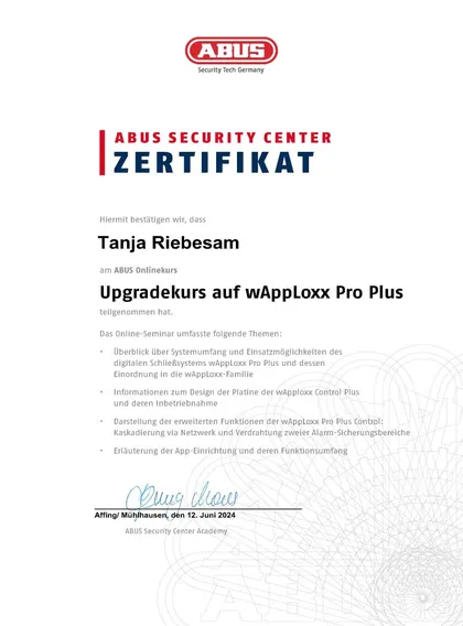 ABUS-Security-Center-Zertifikat „Upgradekurs auf wAppLoxx Pro Plus“ für Tanja Riebesam, 2024