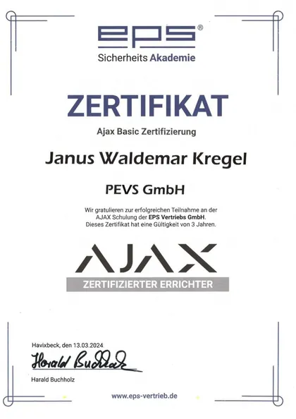 Zertifikat der EPS Sicherheits-Akademie: Ajax-Basic-Zertifizierung für Janus Waldemar Kregel, 2024