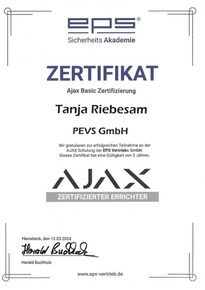 Zertifikat der EPS Sicherheits-Akademie: Ajax-Basic-Zertifizierung für Tanja Riebesam, 2024