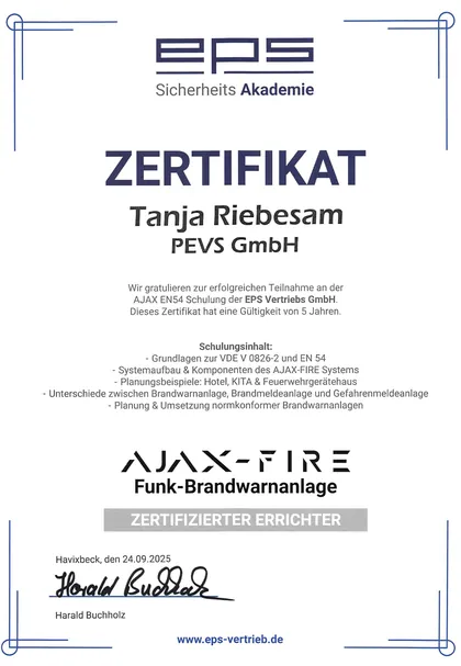 Zertifikat der EPS Sicherheits-Akademie: Ajax-Fire Funk-Brandwarnanlage, zertifizierter Errichter, für Tanja Riebesam, 2025