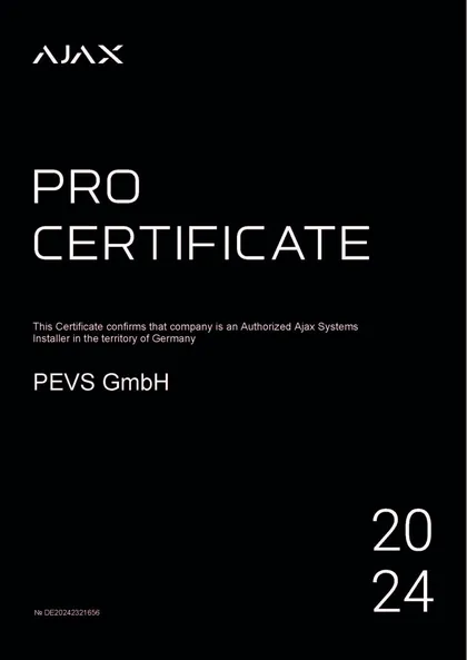 Ajax Pro Certificate: Authorized Ajax Systems Installer für die PEVS GmbH, 2024
