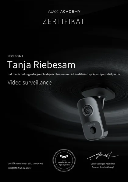 Ajax-Academy-Zertifikat „Video surveillance“ für Tanja Riebesam, 2026