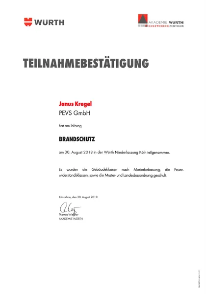 Teilnahmebestätigung der Akademie Würth über den Infotag Brandschutz für Janus Kregel, 2018