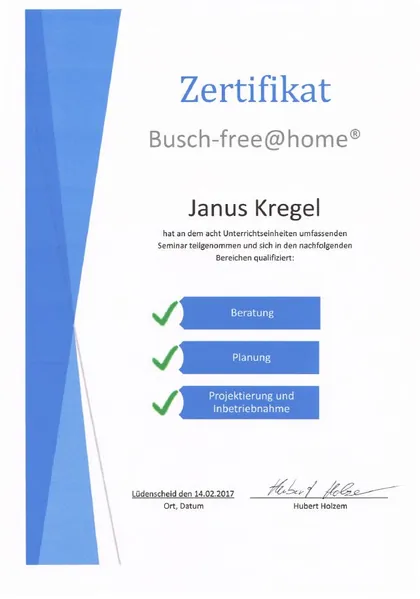Zertifikat „Busch-free@home®“ für Janus Kregel, 2017