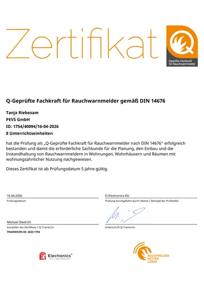 Zertifikat „Q-geprüfte Fachkraft für Rauchwarnmelder gemäß DIN 14676“ für Tanja Riebesam, 2026