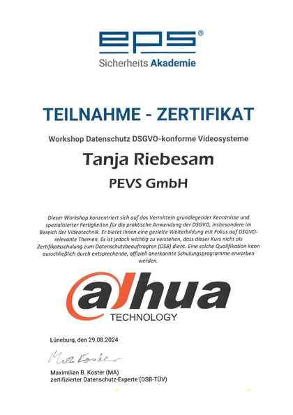 Teilnahme-Zertifikat „Workshop DSGVO-konforme Videosysteme“ für Tanja Riebesam, 2024