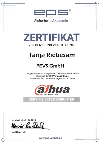 Zertifikat der EPS Sicherheits-Akademie: Zertifizierung Videotechnik (Dahua) für Tanja Riebesam, 2024