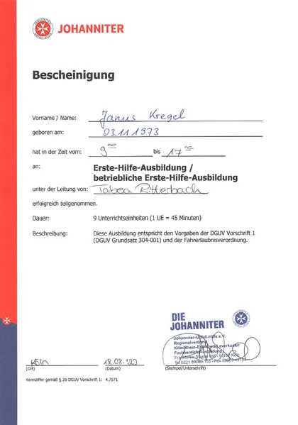 Bescheinigung der Johanniter über die betriebliche Erste-Hilfe-Ausbildung für Janus Kregel, 2020