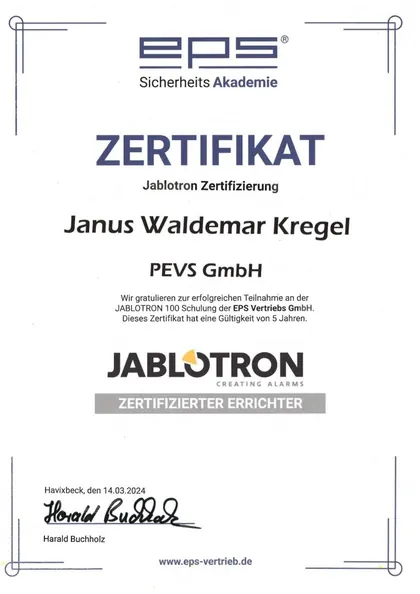 Zertifikat der EPS Sicherheits-Akademie: Jablotron-Zertifizierung für Janus Waldemar Kregel, 2024