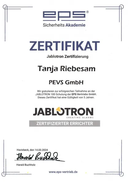 Zertifikat der EPS Sicherheits-Akademie: Jablotron-Zertifizierung für Tanja Riebesam, 2024