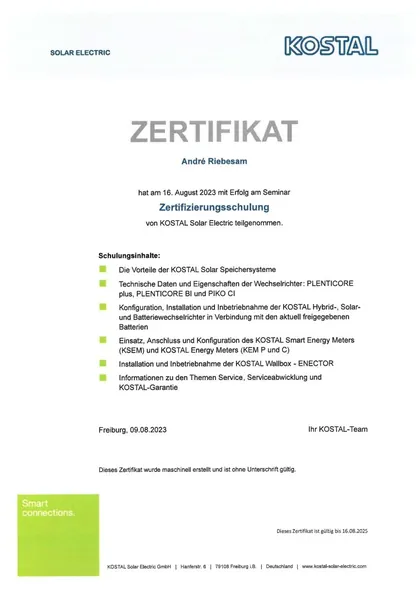 Zertifikat der KOSTAL Solar Electric über die Zertifizierungsschulung Solarspeicher für André Riebesam, 2023