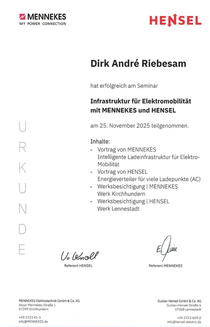 Urkunde von MENNEKES und HENSEL über das Seminar „Infrastruktur für Elektromobilität“ für Dirk André Riebesam, 2025