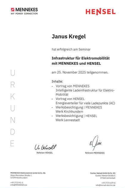 Urkunde von MENNEKES und HENSEL über das Seminar „Infrastruktur für Elektromobilität“ für Janus Kregel, 2025