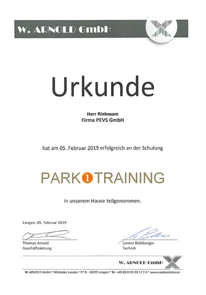 Urkunde der W. Arnold GmbH über das Park-1-Training für Dirk André Riebesam, 2019