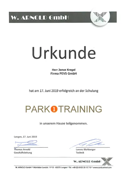 Urkunde der W. Arnold GmbH über das Park-1-Training für Janus Kregel, 2019