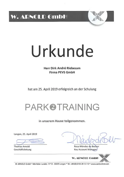 Urkunde der W. Arnold GmbH über das Park-2-Training für Dirk André Riebesam, 2019
