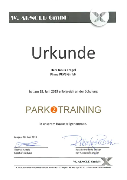 Urkunde der W. Arnold GmbH über das Park-2-Training für Janus Kregel, 2019