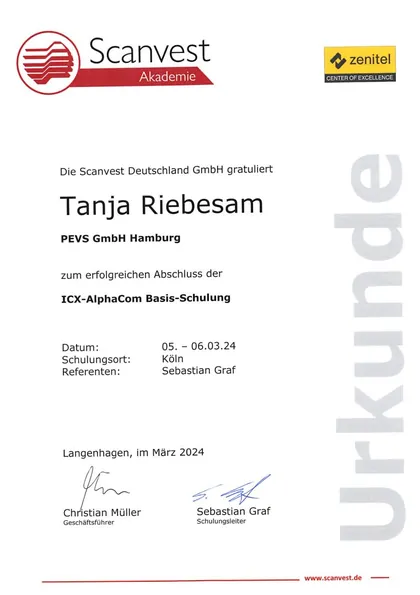 Urkunde der Scanvest Deutschland GmbH über die ICX-AlphaCom-Basisschulung für Tanja Riebesam, 2024